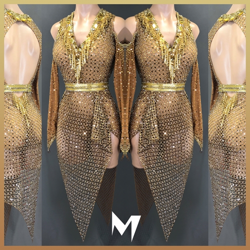 Gold Crystal Mesh Dress #L016