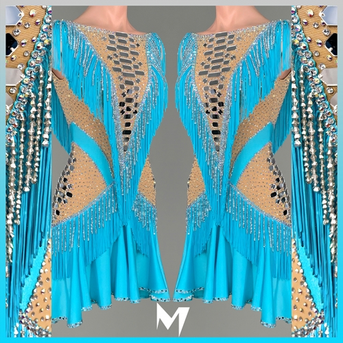 [SOLD] Mirror Plated Light Blue Fringe Dress #L028