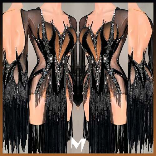 [SOLD] Black Mesh Velvet Fringe Dress #S014 (Original Piece Fully Renewed)
